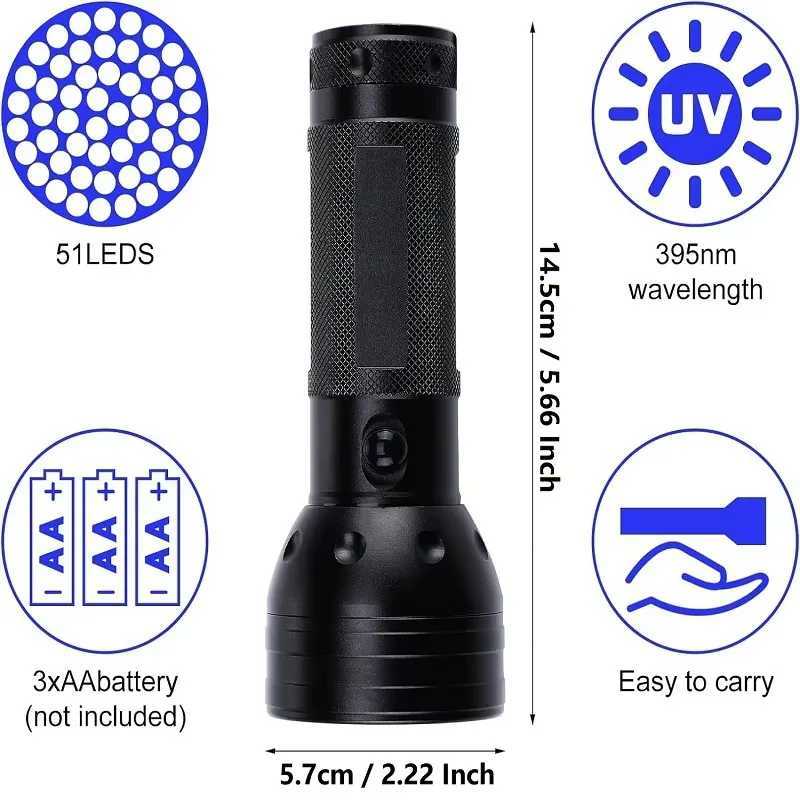 51 LED UV Flashlight Black Light Portable flashlight for detecting pet urine scorpions and human body painting C250915