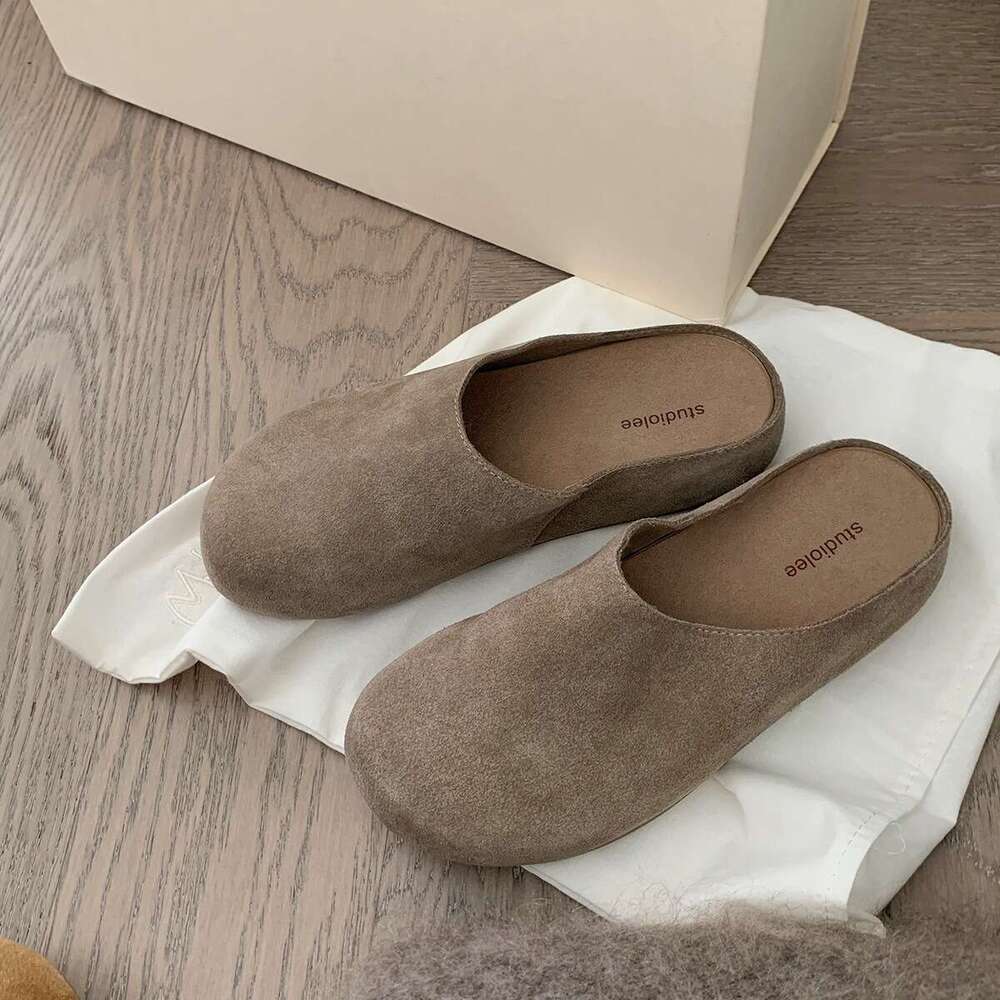 Autumn Lazy Style Simple Half-Wrapped Thick Sole Genuine Leather Slip-On Flat Closed-Toe Slippers