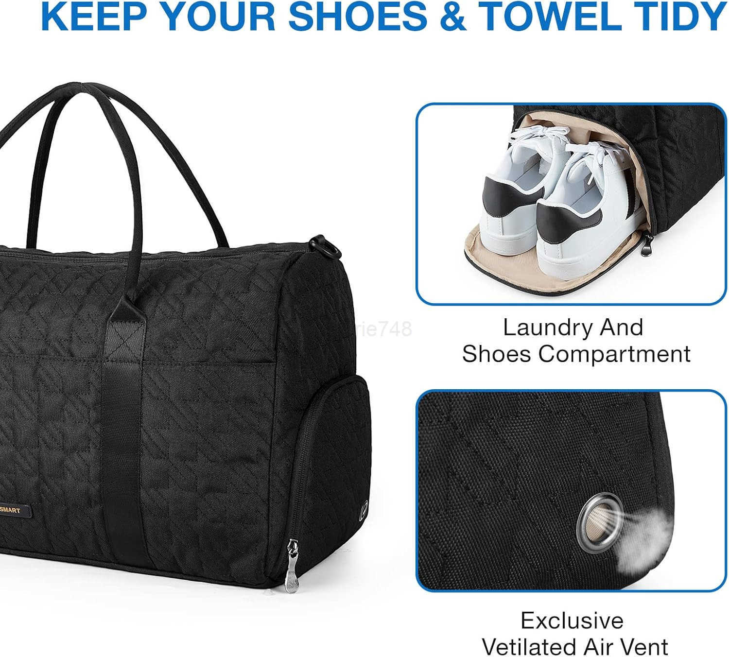 Black 40L Travel Duffle Bag with Shoes Compartment Carry On Weekender Overnight Bag for Men WomenZ250915