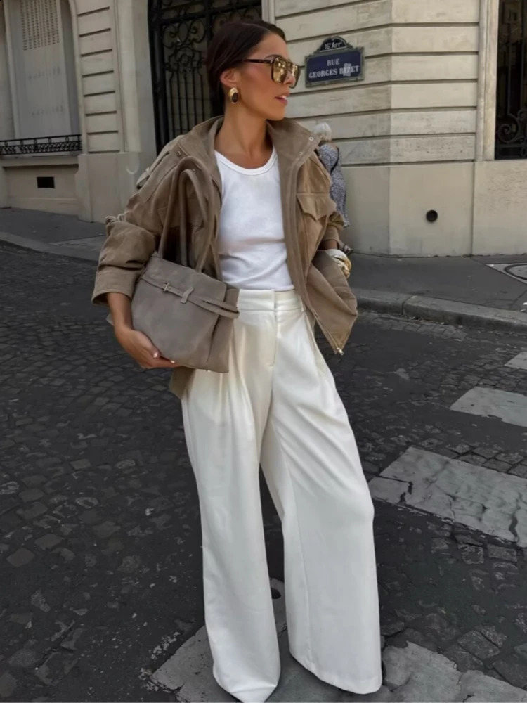 Winter Khaki Suede Leather Womens Jacket Fashion Stand Collar Zippers Pockets Women Coat 2025 Autumn Female Vintage Outwear250912