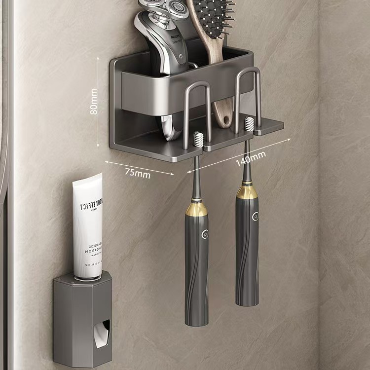 Multi functional toothbrush storage rack no punching gun ash bathroom mouthwash cup toothbrush cup storage wall mounted electric toothbrush rack