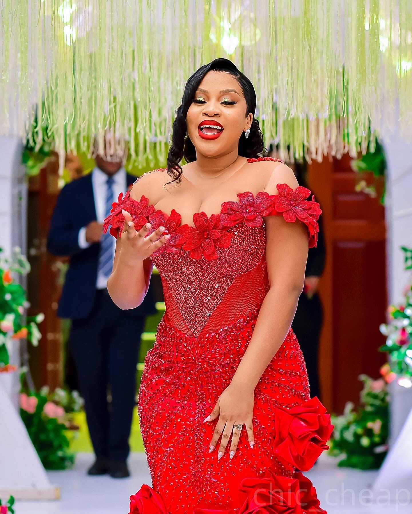 Aso Ebi Red Mermaid Prom Dresses 2025 Flowers Crystals Sheer Neck Evening Formal Party Second Birthday Engagement Gowns Plus Size Dress For Special Oc