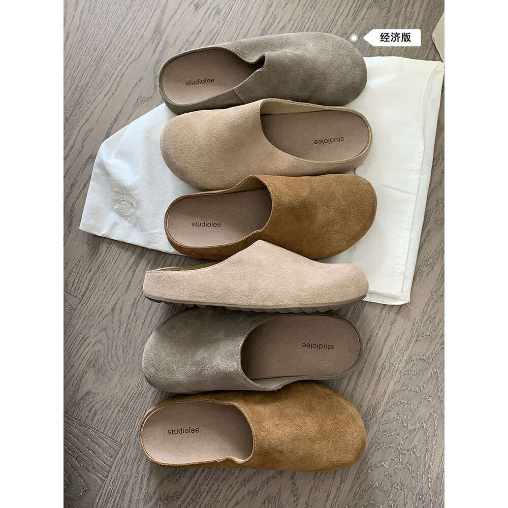 Autumn Lazy Style Simple Half-Wrapped Thick Sole Genuine Leather Slip-On Flat Closed-Toe Slippers