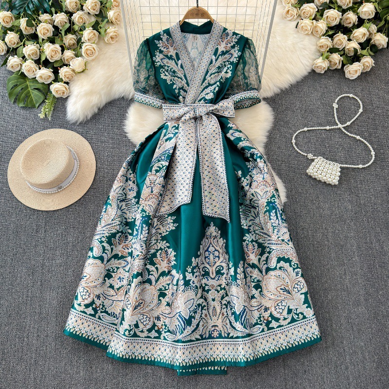 Summer Retro Paisley Print Long Dresses Womens V Neck Short Puff Sleeve Vintage Bandage Lace Up Boho Robe Vestidos Clothes 6269 240819