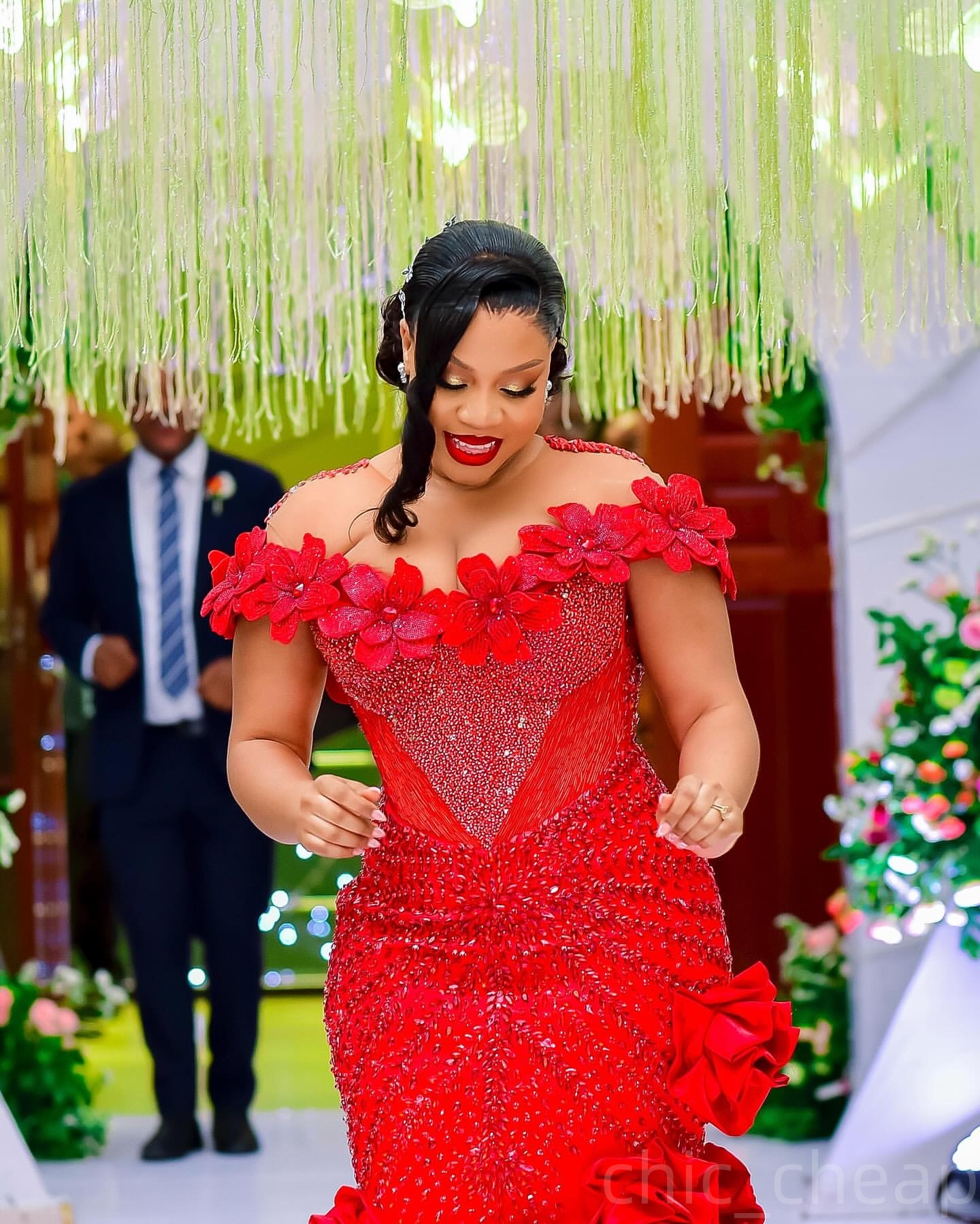 Aso Ebi Red Mermaid Prom Dresses 2025 Flowers Crystals Sheer Neck Evening Formal Party Second Birthday Engagement Gowns Plus Size Dress For Special Oc