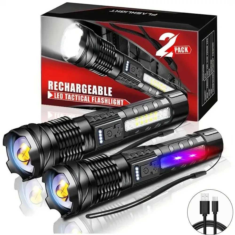 Powerful XHP50 LED Flashlight 18650 Torch Waterproof with Side Light 7 Modes USB Rechargeable Zoom Lamp for Camping Fishing C250915