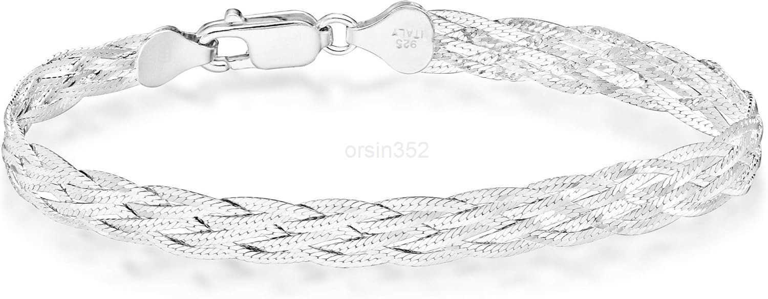 925 Sterling Silver TriColor 18K Gold Plated 6Strand DiamondCut 7mm Braided Herringbone Chain Bracelet for Women Made in ItalyW250915