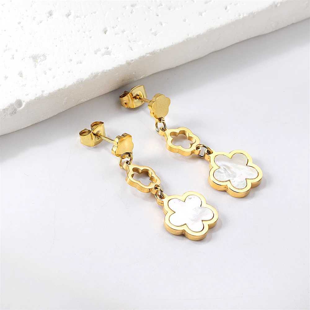 designer LUXUKIDS DripOil Five Petal Flower Charm Drop Earrings White Shell Elegant Wan Dangle Pendients for Wedding Party Jewelry S250915