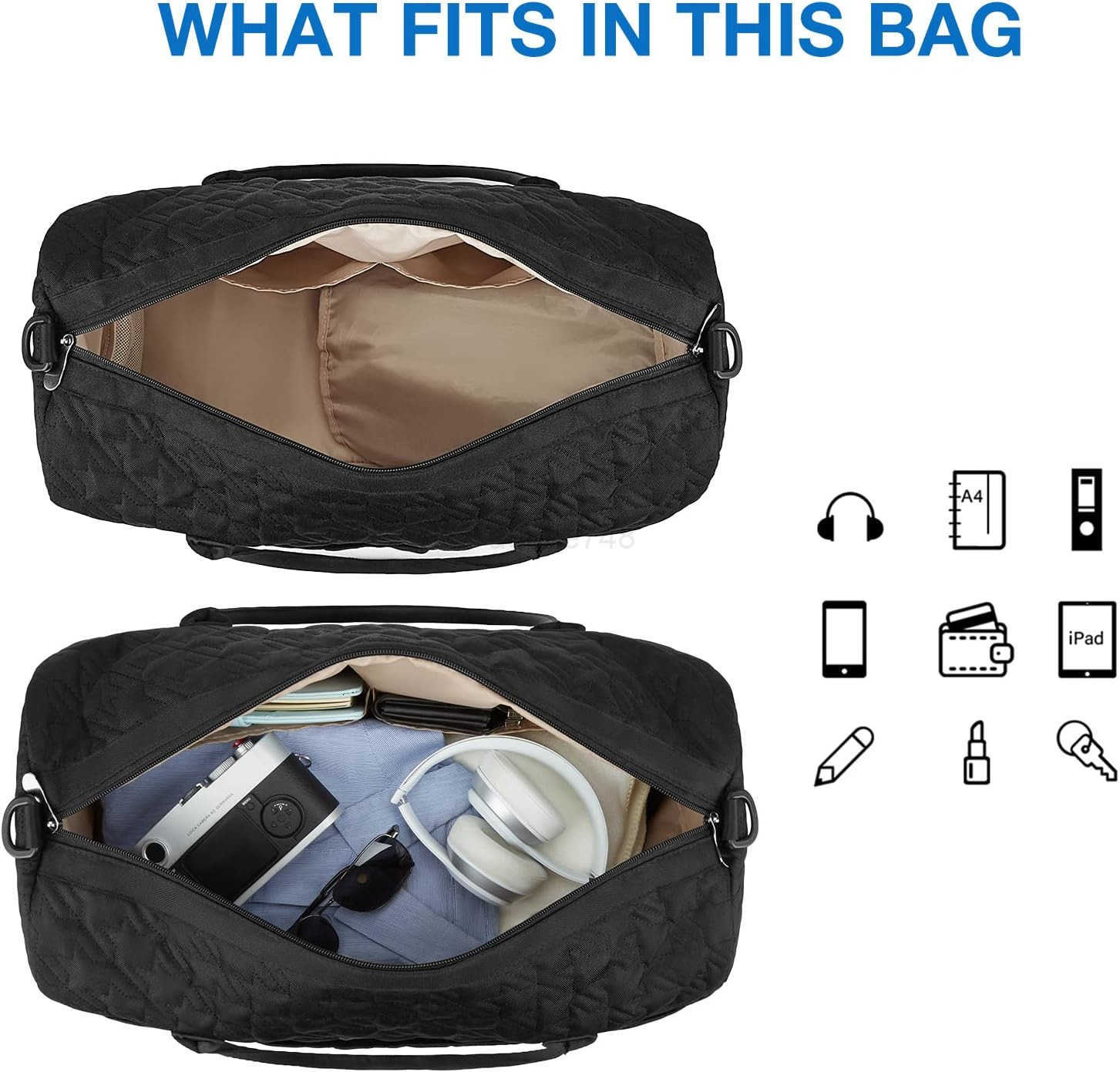 Black 40L Travel Duffle Bag with Shoes Compartment Carry On Weekender Overnight Bag for Men WomenZ250915