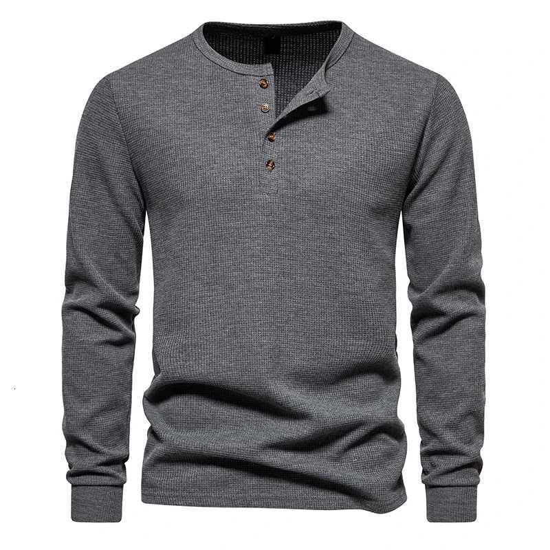 Waffle Henley TShirt Men Basic Breathable Mens Long Sleeve Tops Tee Shirts Spring Autumn Casual Solid Color Button T ShirtsXJ250915