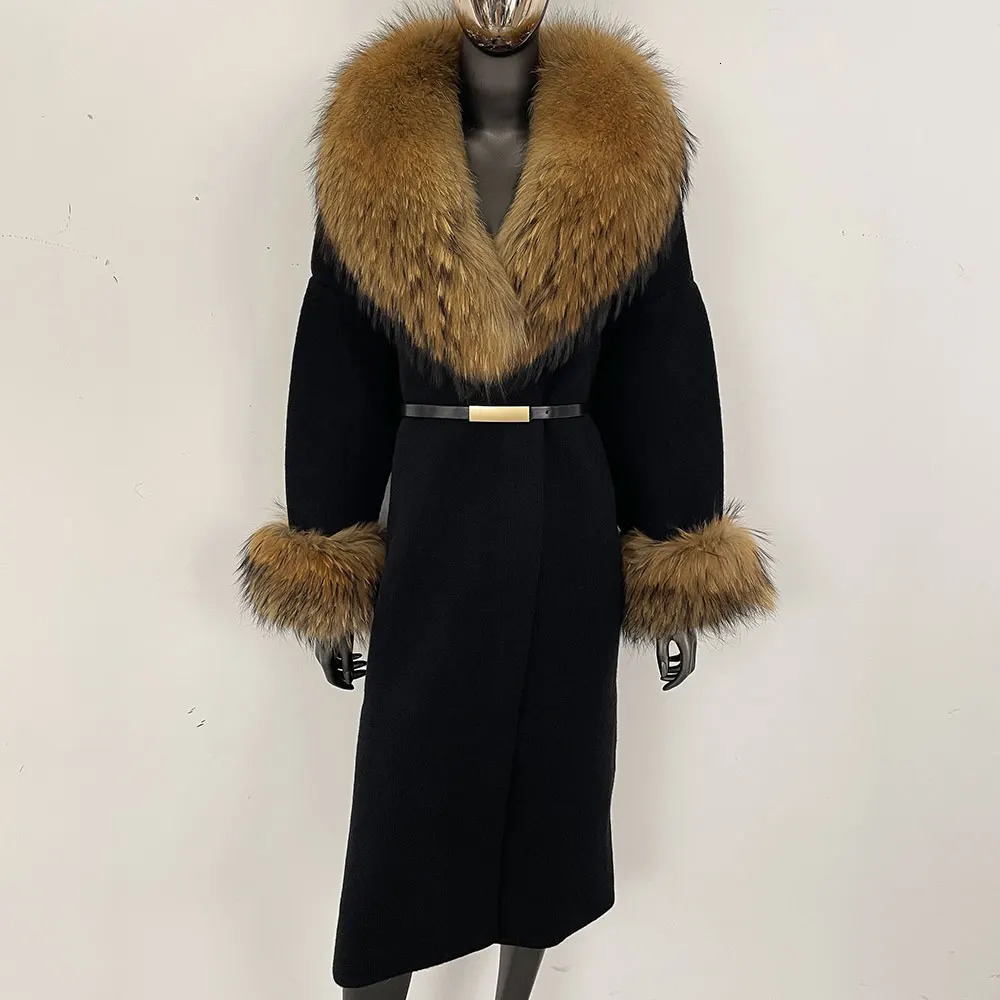 Knitwear Real Fur Coat Women Spring Autumn Long Cardigan Warm Knitted Natural Raccoon Jacket Janker Female 250915