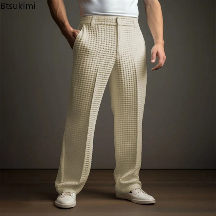 Mens Elegant Waffle Suit Pants Solid Loose Straight Trousers Business Social Dress Casual Vacation for Men 251023