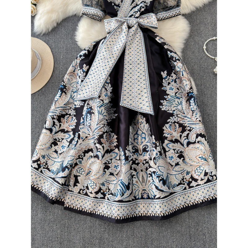 Summer Retro Paisley Print Long Dresses Womens V Neck Short Puff Sleeve Vintage Bandage Lace Up Boho Robe Vestidos Clothes 6269 240819