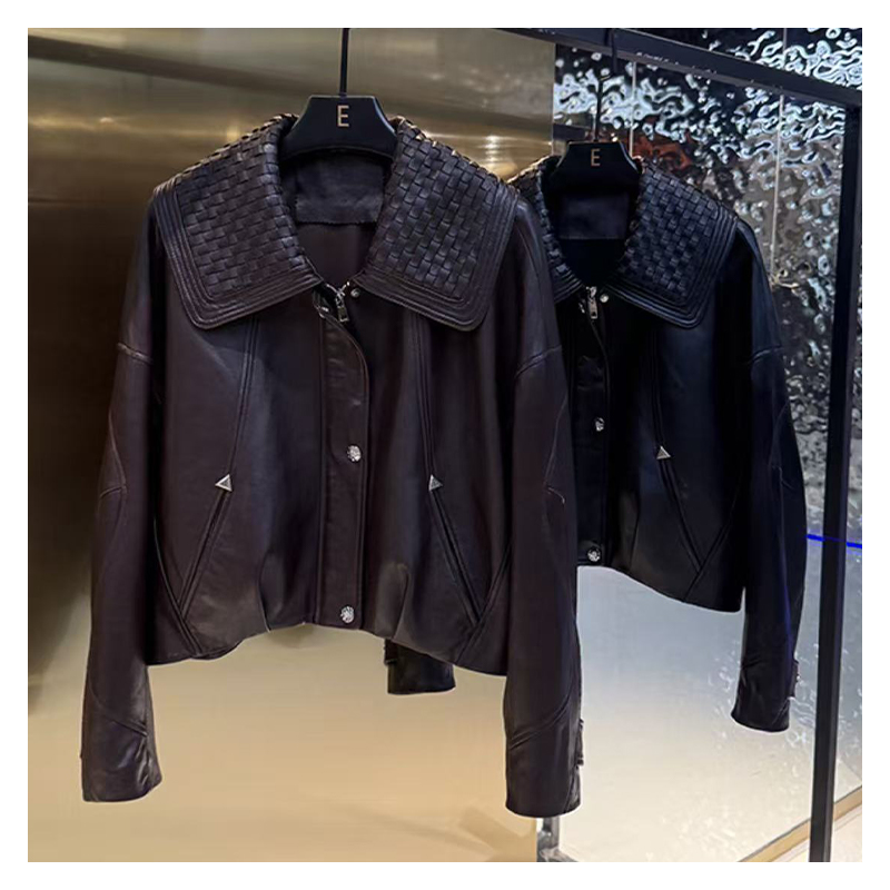 New autumn and winter classic BV style woven leading layer light wax sheepskin old money silhouette leather jacket