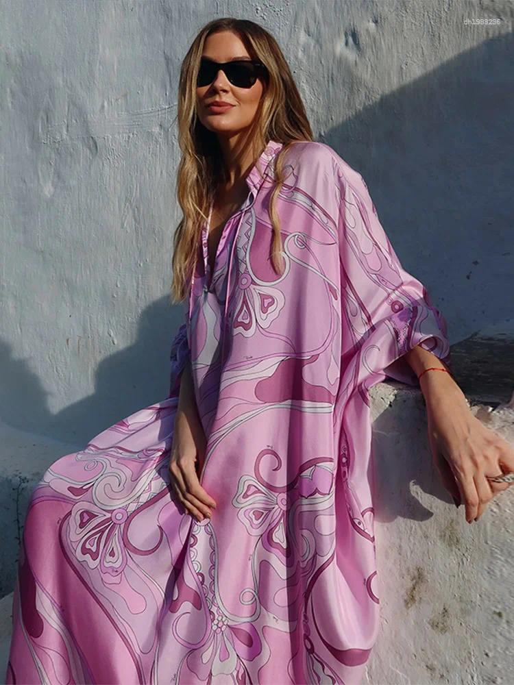 Casual Dresses Oversized Women's Print Kaftan Maxi Dress With Pink Pattern Loose Fit Full Sleeve Long Summer Beach Vacation Outfit Robe