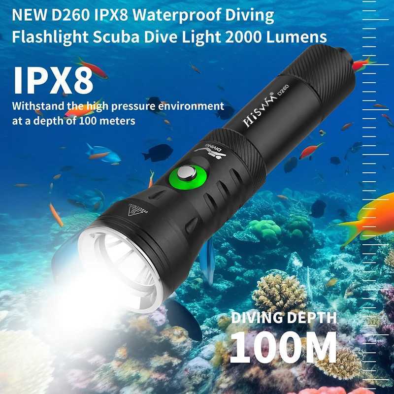 HISWN D260 Professional Scuba Diving Flashlight 2000LM Ultra bright SFT40 LED 21700 rechargeable lamp Intelligent power display C250915
