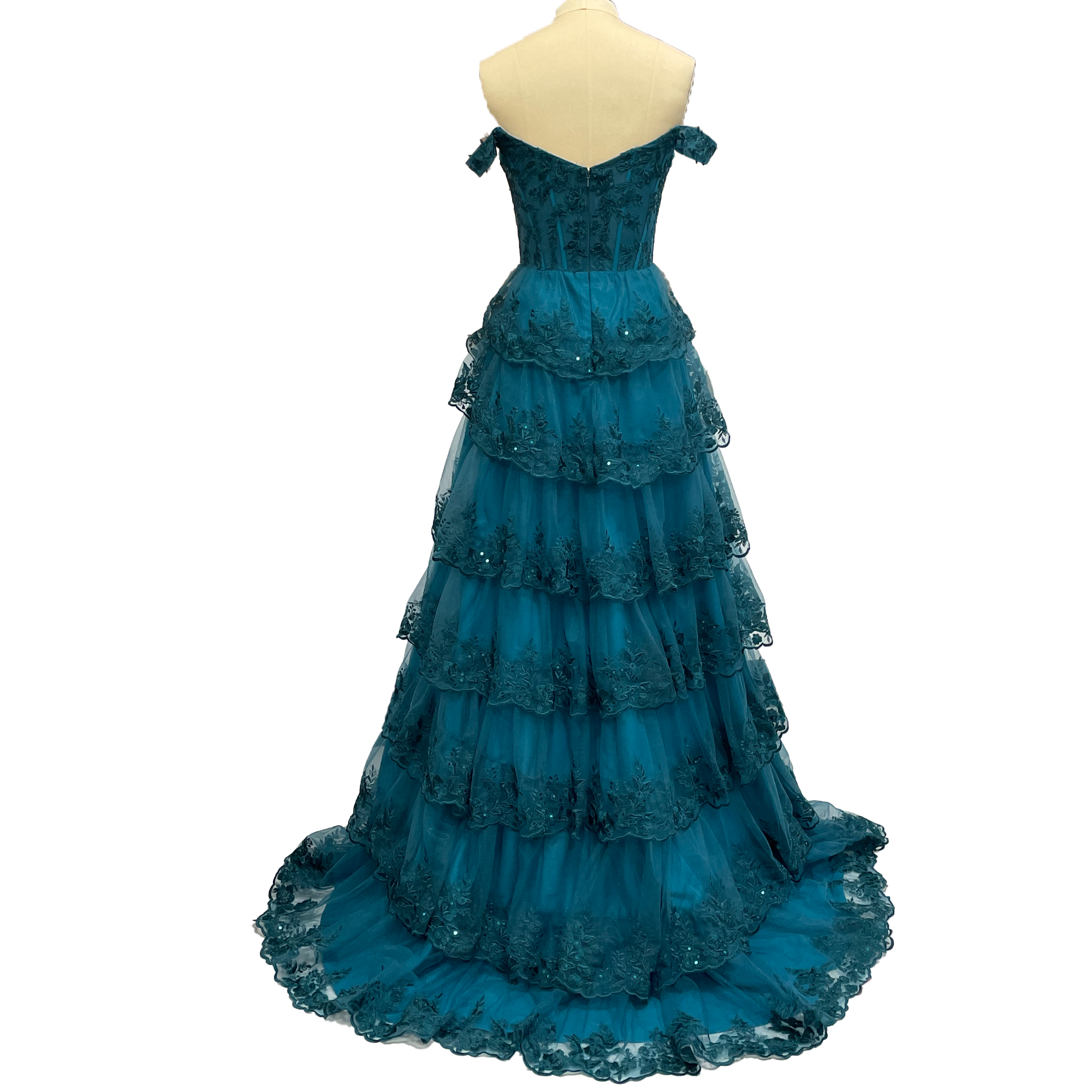 Evening Dresses Gorgeous Off - the - Shoulder Emerald Green Evening Gown with Layered Lace Ruffles and Sequin Embellishments