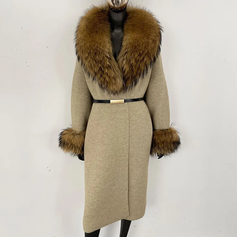 Knitwear Real Fur Coat Women Spring Autumn Long Cardigan Warm Knitted Natural Raccoon Jacket Janker Female 250915