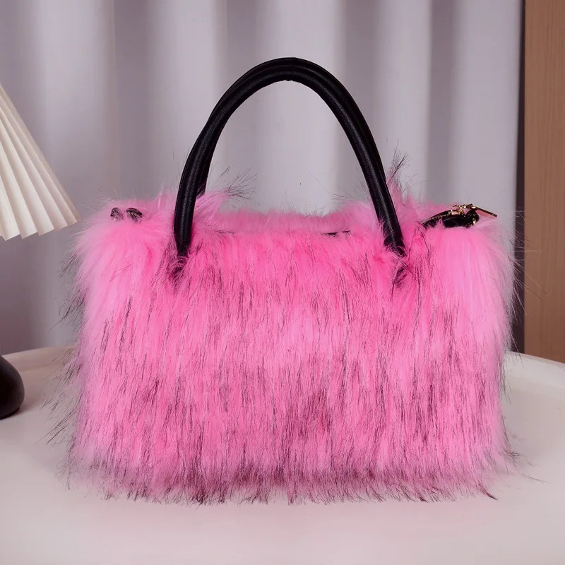 Autumn Winter Faux Fur Tote Bag For Women Rectangular Large Capacity Plush Handbags American Fashion High Street Crossbody Bags 250911