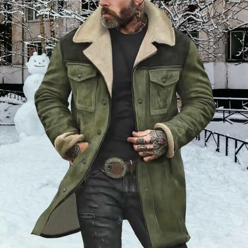 Suede Men Jacket Plush Lamb Wool Lining Lapel Winter Jacket Vintage Sheepskin Shearling Faux Genuine Leather Male Jacket Coat 250915