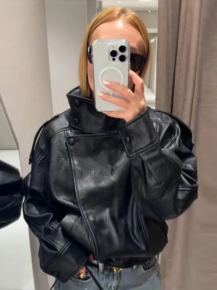 Stand Collar Womens Jacket Full Sleeve Double Button Solid Female Leather Jackets 2025 Autumn Fashion High Street Lady Outwears 250906