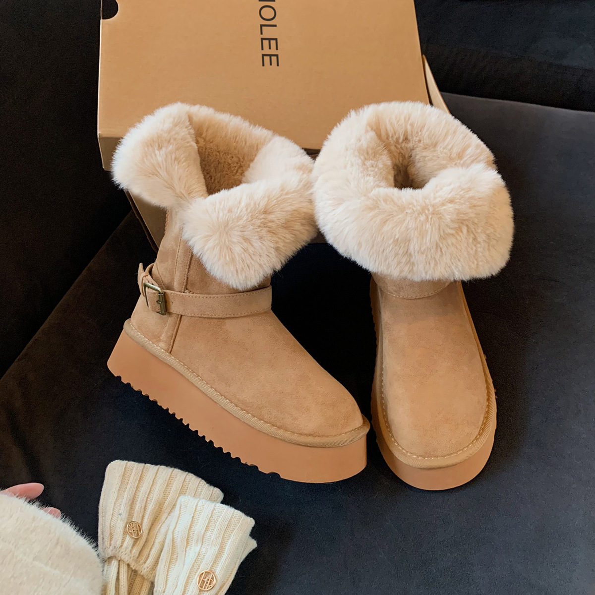 Super Big Fox Fur Snow Boots Real Cowhide Leather Warm Winter Shoes for Women | Black & Brown