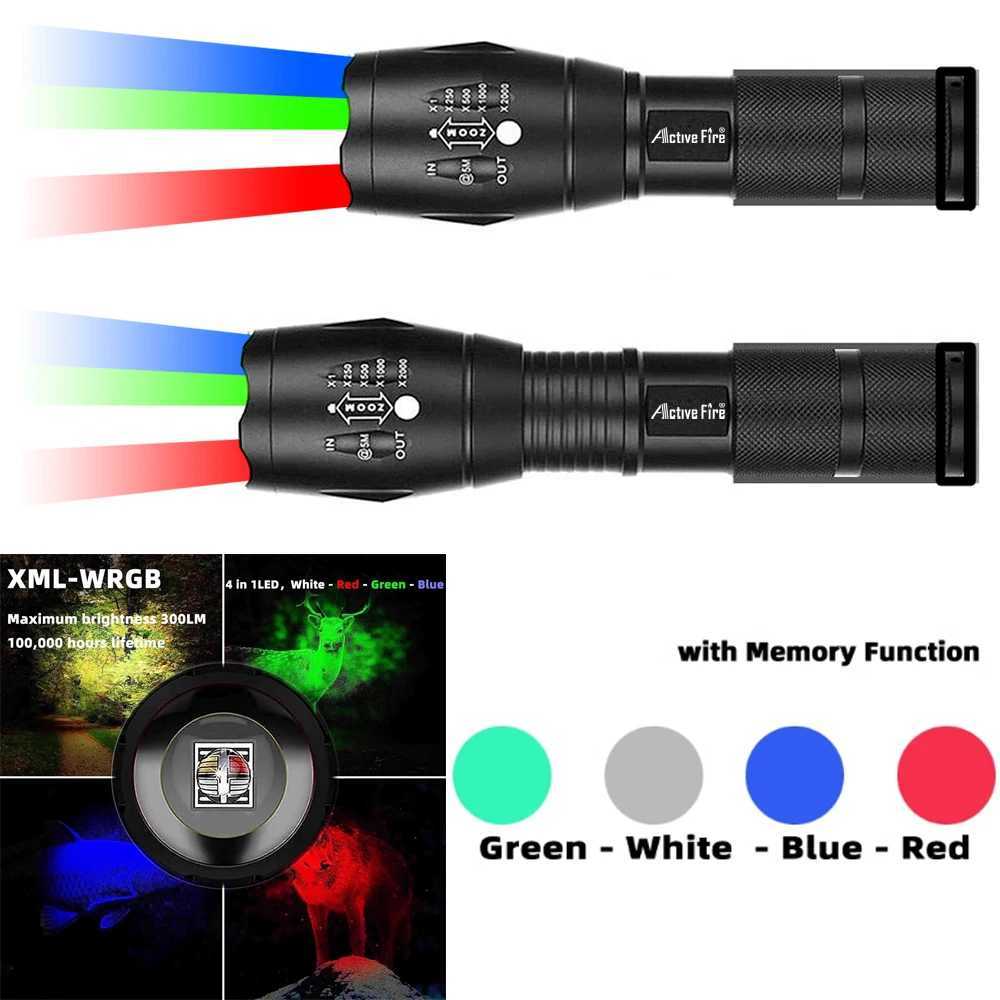 Upgraded Zoomable Red Flashlight 4 Color in 1 Flash Light Green Red Blue White MultiColor RGBW Led with Memory for Fishing C250915