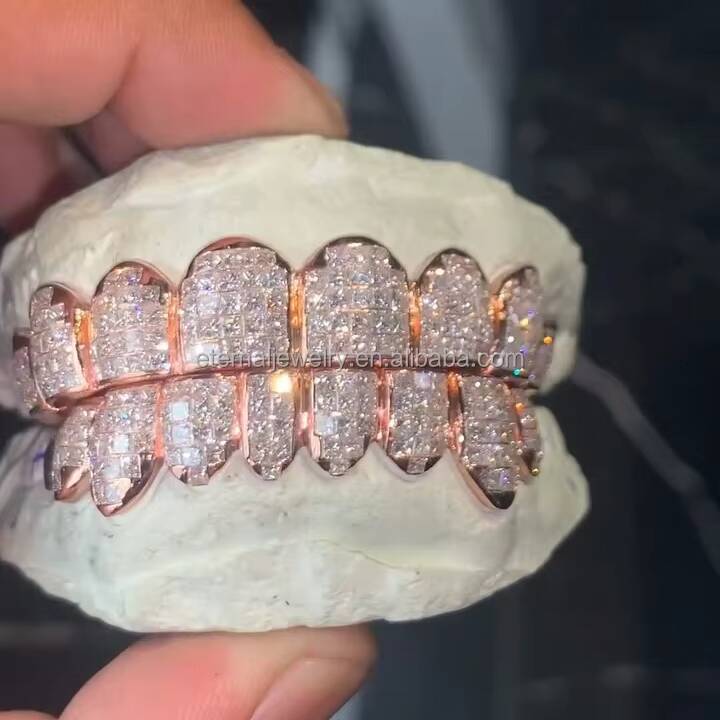 Flawless Princess Cut Invisible Setting Grillz Rose Gold Factory Custom 10 on 10 S925 Silver VVS Moissanite Lab Diamond Grillz
