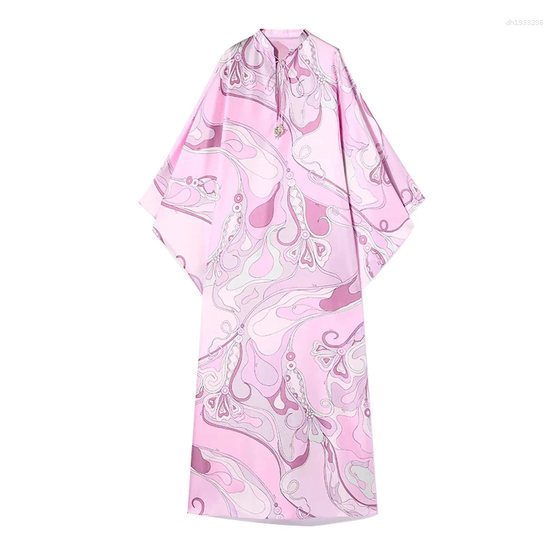 Casual Dresses Oversized Women's Print Kaftan Maxi Dress With Pink Pattern Loose Fit Full Sleeve Long Summer Beach Vacation Outfit Robe