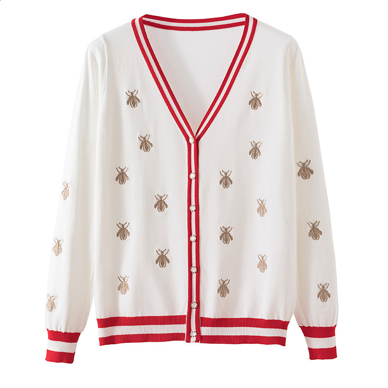 Early Autumn New Bee Embroidery Slimming Ice Silk Knitted Sweater Little Chanel Style Top Coat Sweater Trendy Cardigan for Women