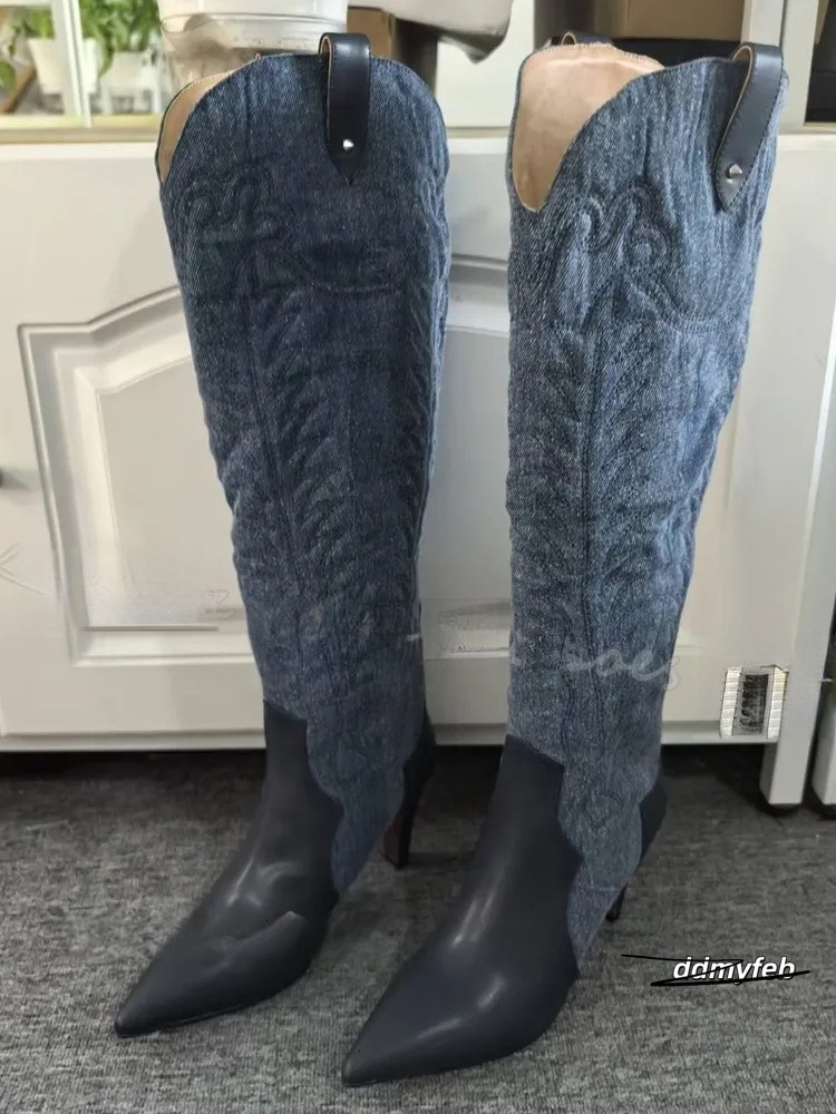 Totem Cowboy Knee High Boots Vintage Concise Elegant Fashion Slip-On Pointed Toe Thin Heels Women Shoes New Solid Color ddmyFeb