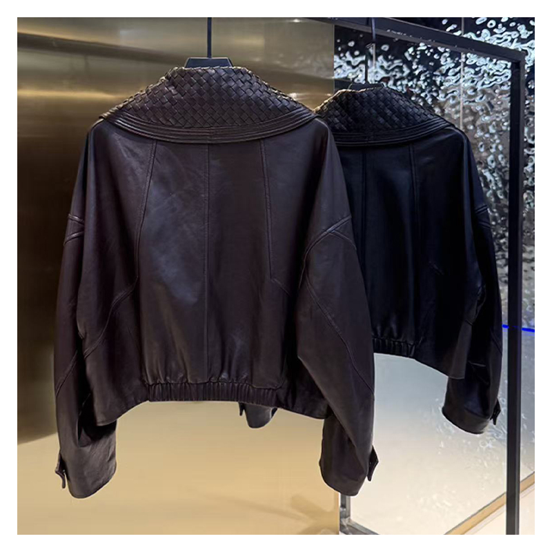 New autumn and winter classic BV style woven leading layer light wax sheepskin old money silhouette leather jacket