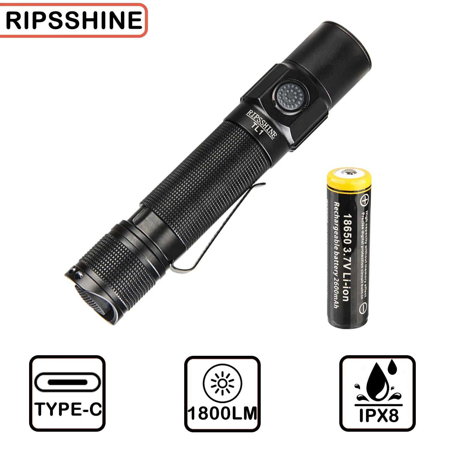 TL1 Tactical 18650 Flashlight 1800LM Powerful LED Light TypeC Rechargeable Torch with Dual Switch Power Indicator Portable Lamp C250915