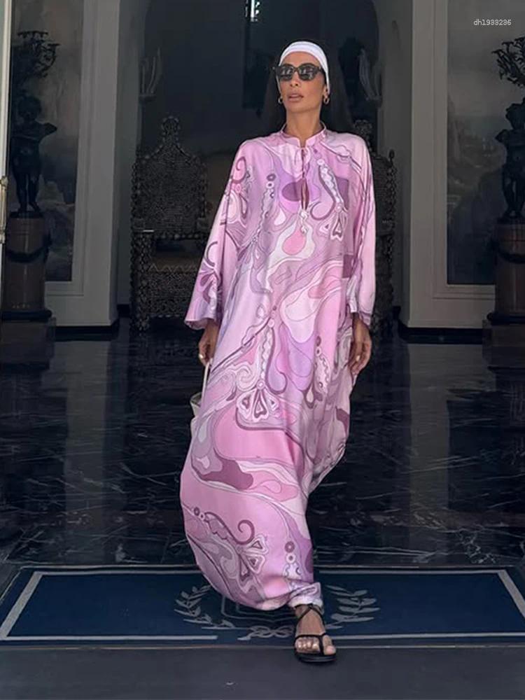 Casual Dresses Oversized Women's Print Kaftan Maxi Dress With Pink Pattern Loose Fit Full Sleeve Long Summer Beach Vacation Outfit Robe