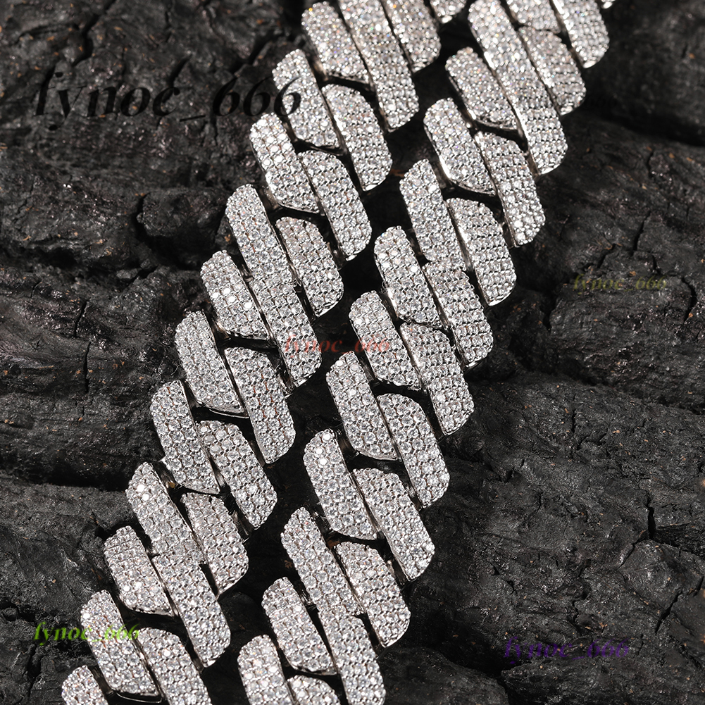 Drop Shipping Hip Hop Iced Out 3 Rows Cubic Moissanite Cuban Chain 20mm Prong Miami Cuban Link Chains Necklaces for Men Women