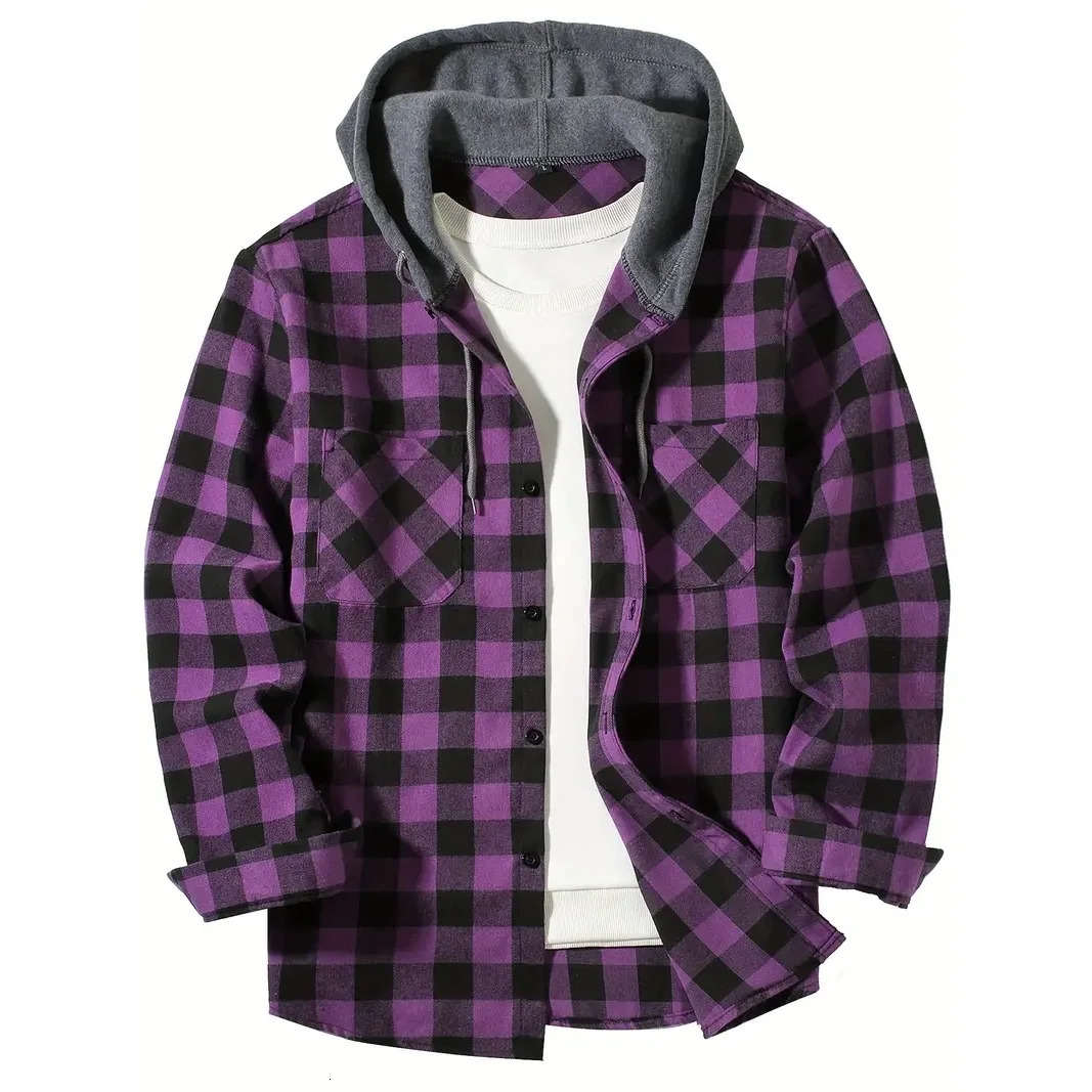 Mens Shirts Classic Plaid Casual Button Down Hooded Long Sleeved Double Pockets Shirt Hoodie Flannel Jacket Spring Autumn Tops 250915