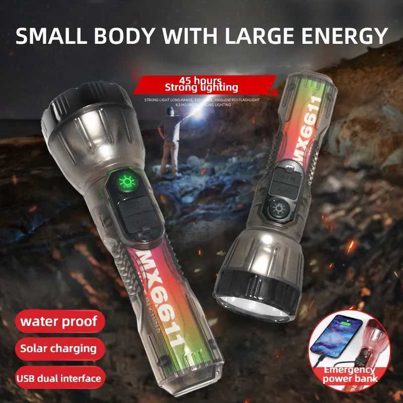 Portable Transparent Flashlight Solar USB Rechargeable Torch 3 Lighting Modes Outdoor Waterproof Adventure Fishing Flashlight C250915