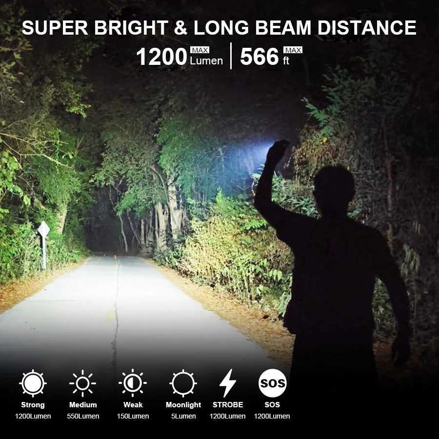 1200LM High Power LED Flashlight IP66 Waterproof Tactical Torch Light Builtin 21700 Battery Outdoor Emergency Fishing Lantern C250915