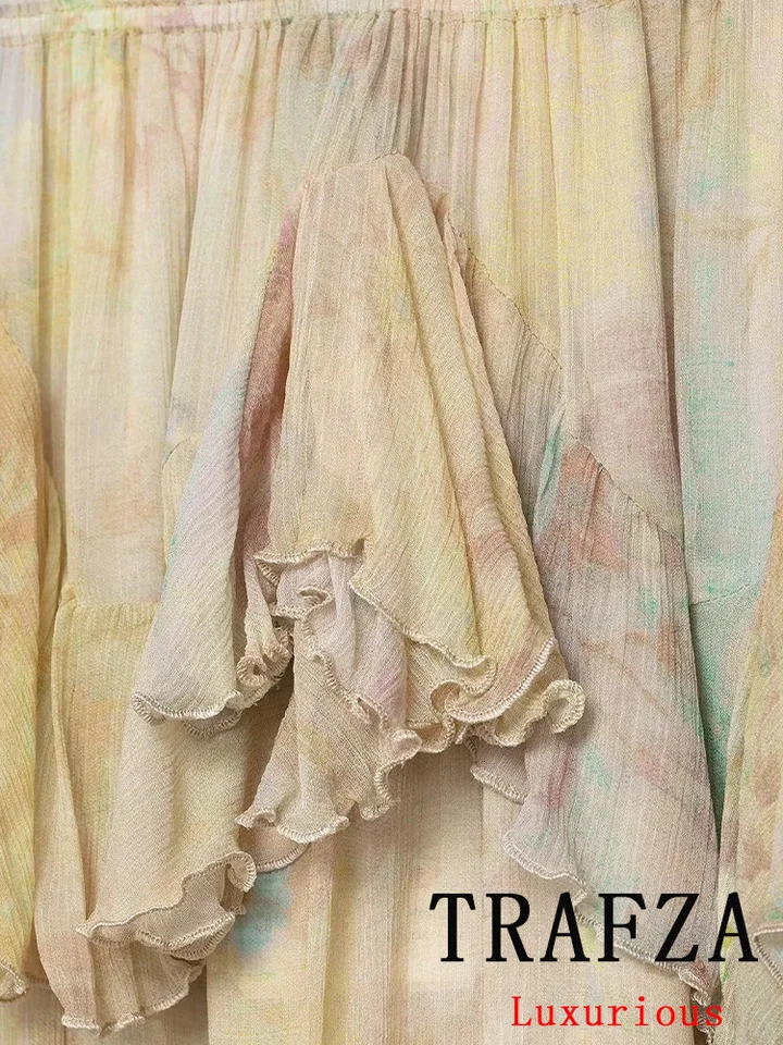 TRAFZA Vintage Flower Print Long Skirts High Waist Ruffles Chiffon Skirts Fashion 2025 Autumn Boho Holiday Party Skirts 250915