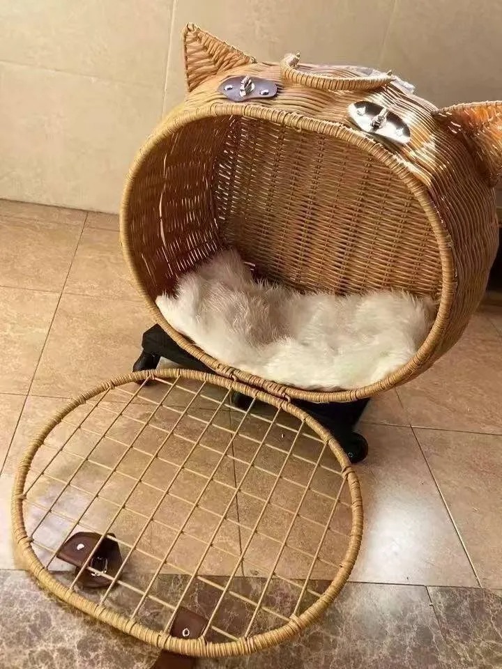 Rattan weaving Durable Wheel-Equipped Animal Transport Tote pet stroller- Ideal for Carrying Cats or Dogs under 20lbs Easily during Travels