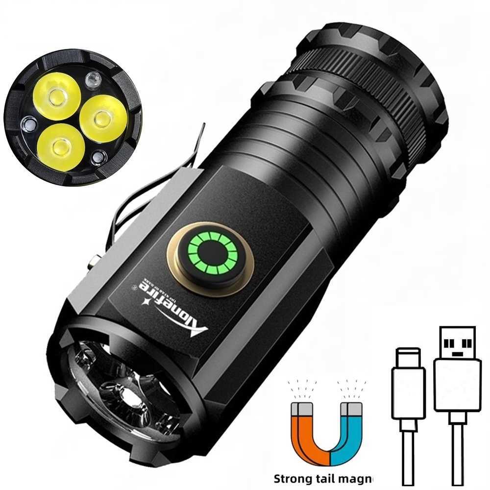 3xLed Mini High Bright Small Flashlight USB Rechargeable Work Rrepair Outdoor Hiking Fishing Camping Magnet Torch Lighting light C250915