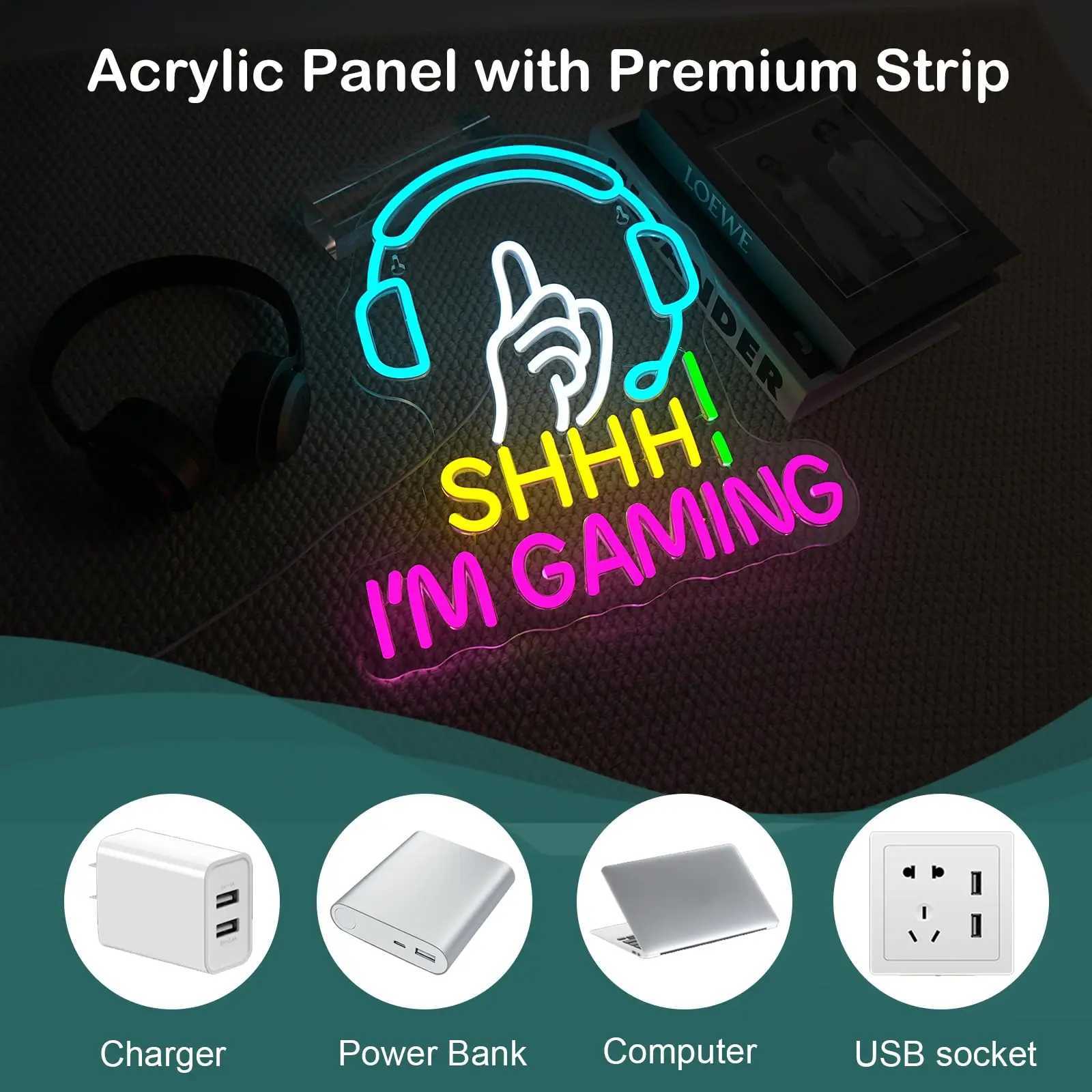 Shhh Im Gaming Neon Sign LED Wall Light with Headset Finger Gesture Design Gamer Room Neon Decor for Bedroom Game Room Gift Y250916