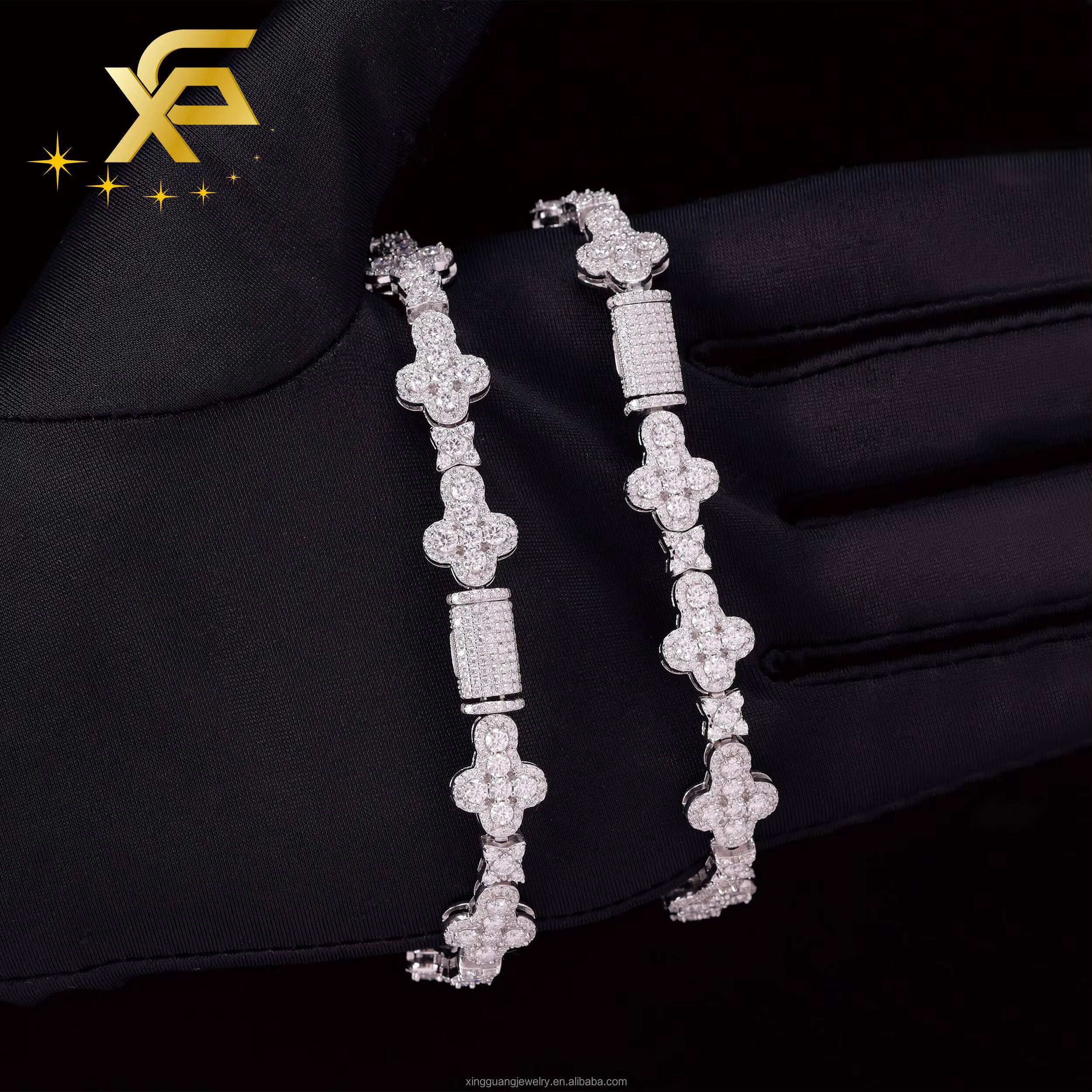 XingGuang Hiphop Jewelry Iced Out VVS Diamond Cross Shape Chain 925 Sterling Silver Moissanite Tennis Chain Womens Bracelet