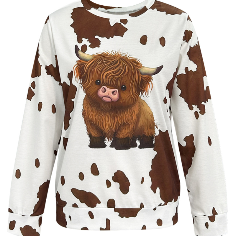 Women's Cute Highland Cow Print Sweatshirt Round Neck Long Sleeve Casual Fashion Pullover Top CF41460