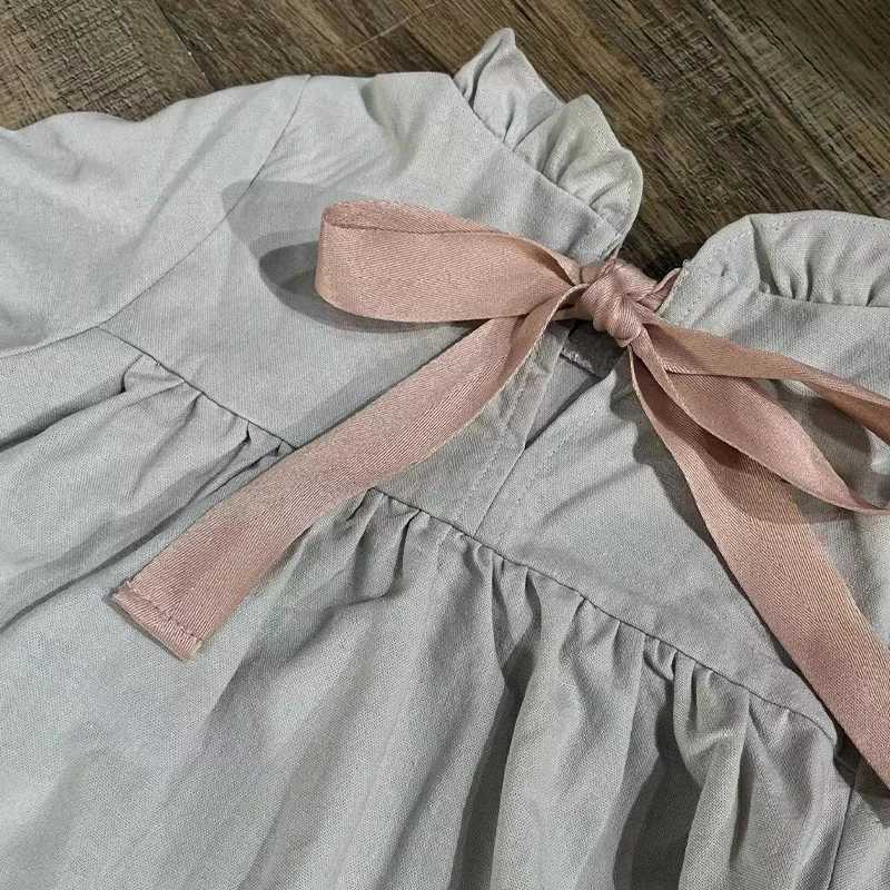 Autumn Rustic Style Girls LongSleeved Linen Dress 2025 New Childrens Wooden Ear Collar Back Ties Casual Loose Princess Dresses C250916