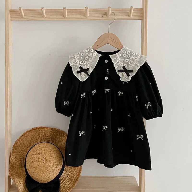 2024 Autumn Baby Girl Party Dress Cotton Embroidery Bow Splicing Dress Long Sleeved Kids Princess Dresses Lace Collar Clothing C250916