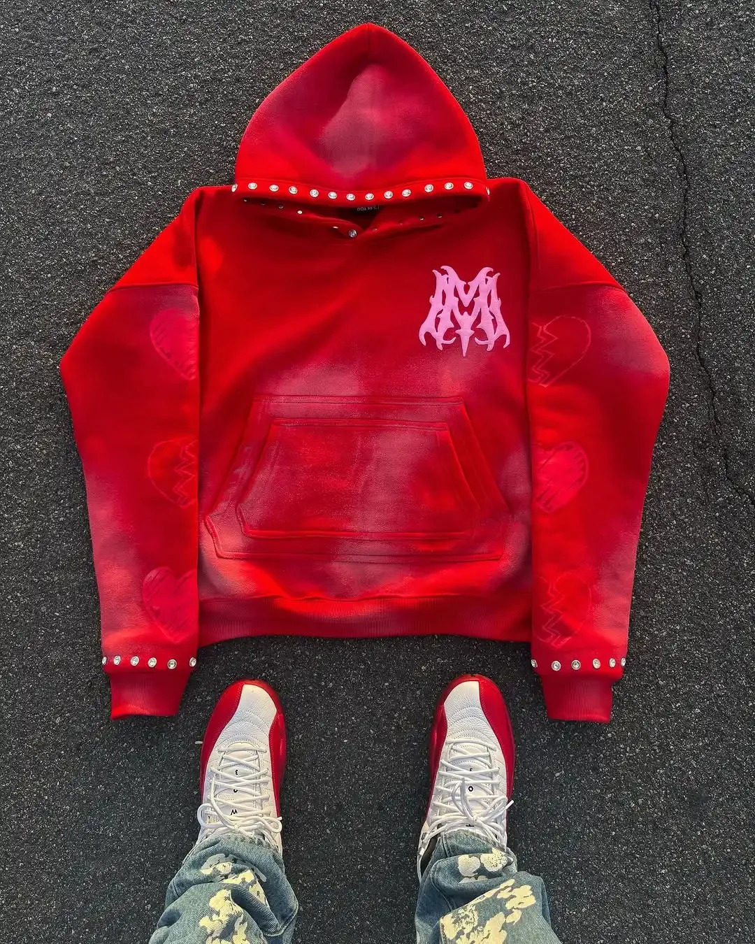 Y2K Red Rivet Element Retro Casual Hoodie Oversized Sportswear Zipper Hoodie Street Hip Hop Top 250916