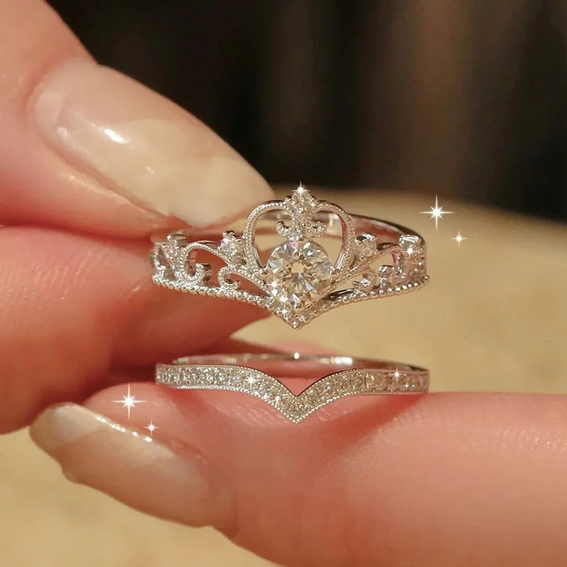 2PCS Fairy Sparkling Crown Rings for Women Teen Crystal Korean Adjustable Silvery Anniversary Gift Party Queen Ring Set Jewelry 250915