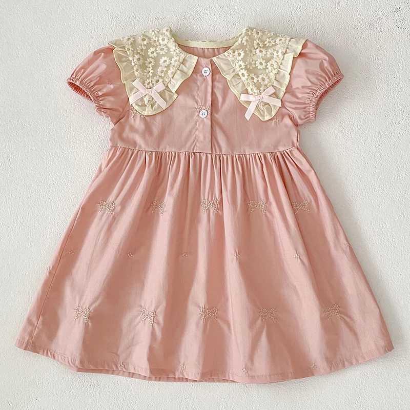 2025 Summer Baby Girl Dress Pink Baby Girl Clothing Lace Collar Cotton Princess Dress Embroidery Bow Toddler Baby Girls Dress C250916