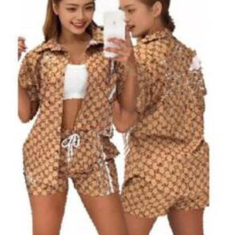 Luxury Women's woven fabric Tracksuits Co-branding sports suit designer fashion printed shirt+Jogger shorts two-piece set